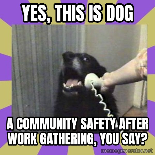 Yes, this is dog! meme: Yes, this is dog / A Community Safety after work gathering, you say?