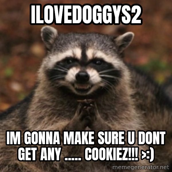 evil raccoon meme: Ilovedoggys2 / IM GONNA MAKE SURE U DONT GET ANY ..... COOKIEZ!!! >:)