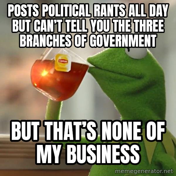 Kermit The Frog Drinking Tea meme: Posts political rants all day but can’t tell you the three branches of government / But that’s none of my business