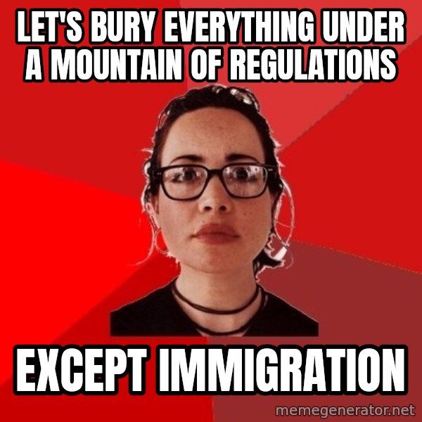 Liberal Douche Garofalo meme: Let's bury everything under a mountain of regulations / Except immigration