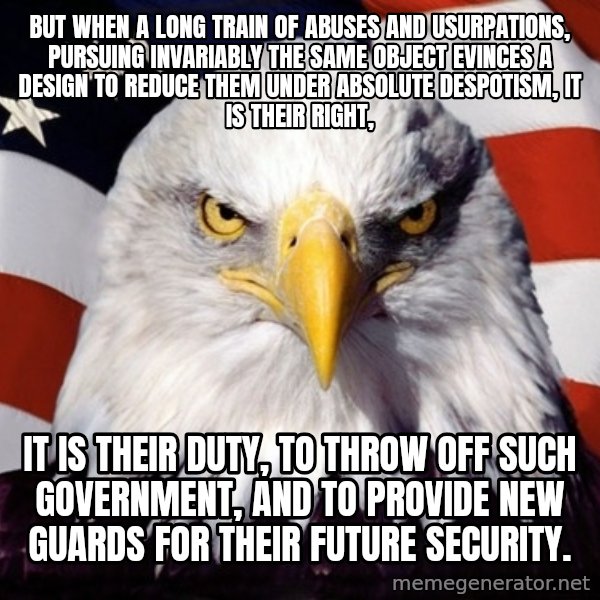 American Pride Eagle meme: But when a long train of abuses and usurpations, pursuing invariably the same Object evinces a design to reduce them under absolute Despotism, it is their right, / it is their duty, to throw off such Government, and to provide new Guards for their future security.