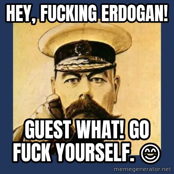 your country needs you meme: Hey, fucking Erdogan! / Guest what!   Go fuck yourself.  😊