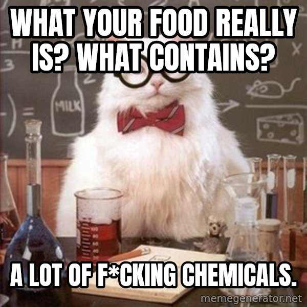 Chemistry Cat meme: What your food really is? What contains? / A lot of f*cking chemicals.