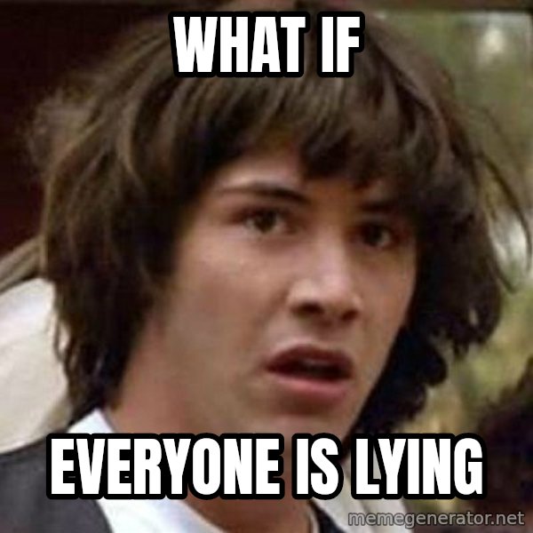 Conspiracy Keanu meme: What if / everyone is lying