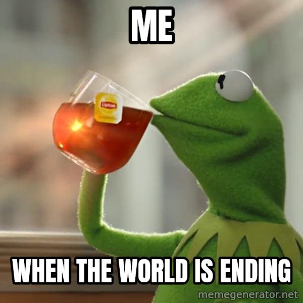 Kermit The Frog Drinking Tea meme: me / when the world is ending