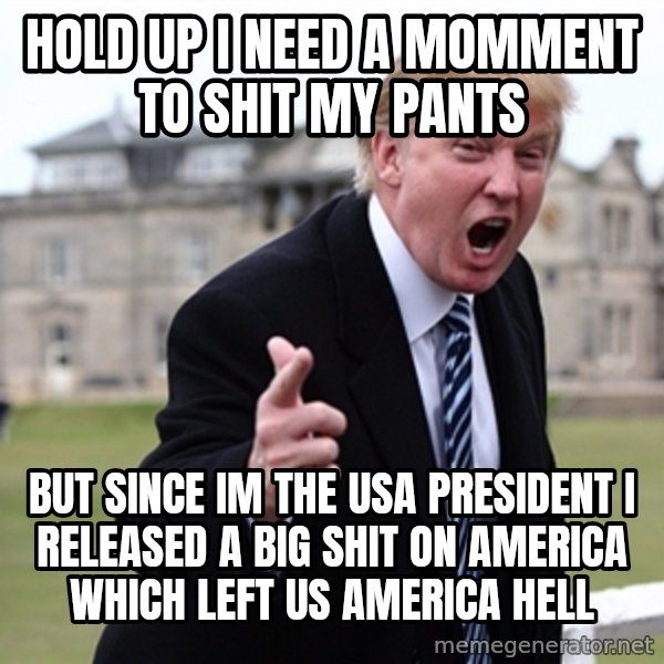 Donald Trumpeter meme: hold up i need a momment to shit my pants / but since im the USA president i released a big shit on america which left us america hell