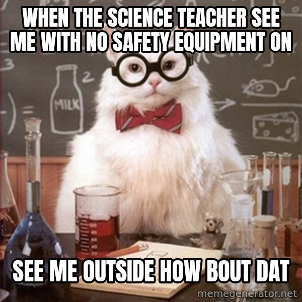 Science Cat meme: when the science teacher see me with no safety equipment on / see me outside how bout dat