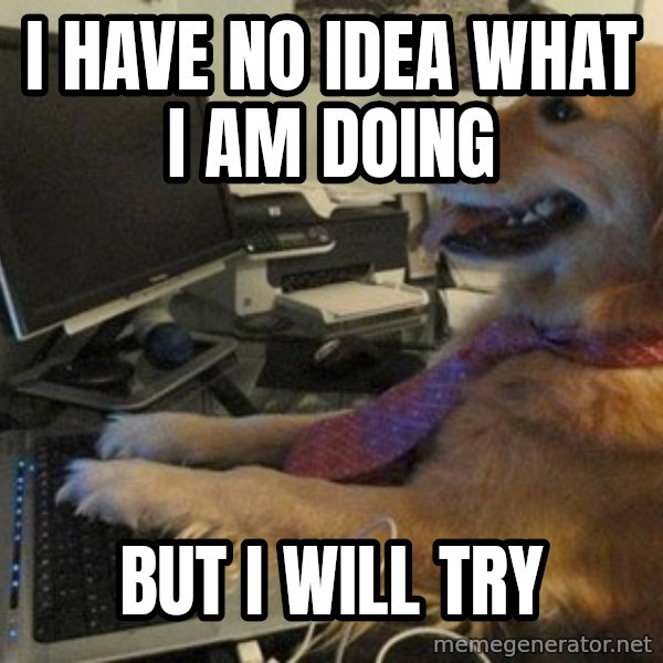 I have no idea what I'm doing - Dog with Tie meme: I have no idea what I am doing / But I will try
