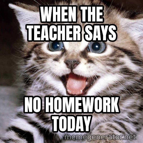 HAPPY KITTEN meme: When the teacher says / No homework today