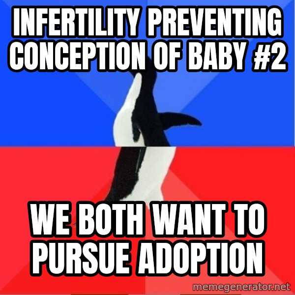 Socially Awkward to Awesome Penguin meme: Infertility preventing conception of baby #2 / we both want to pursue adoption