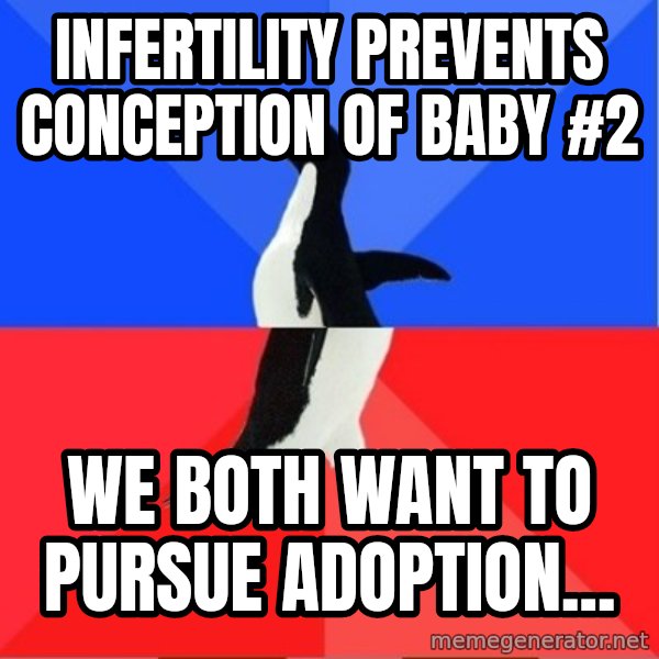 Socially Awkward to Awesome Penguin meme: infertility prevents conception of baby #2 / we both want to pursue adoption...