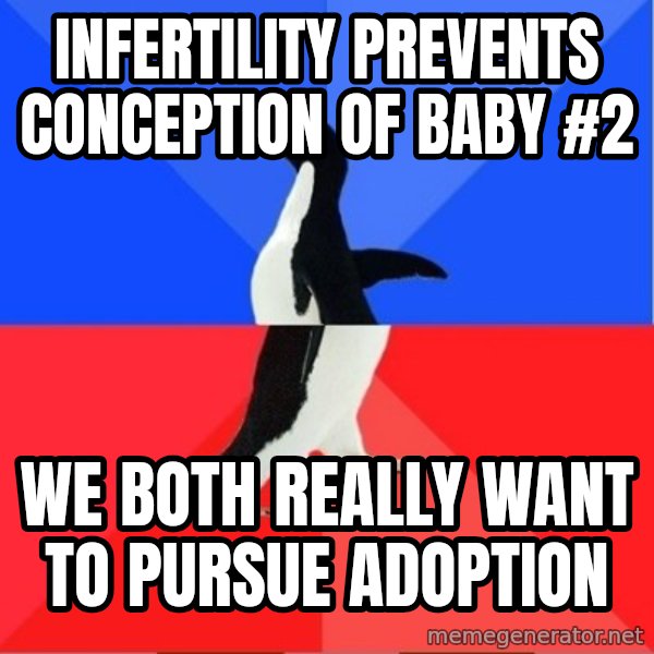 Socially Awesome Awkward Penguin meme: infertility prevents conception of baby #2 / we both really want to           pursue adoption