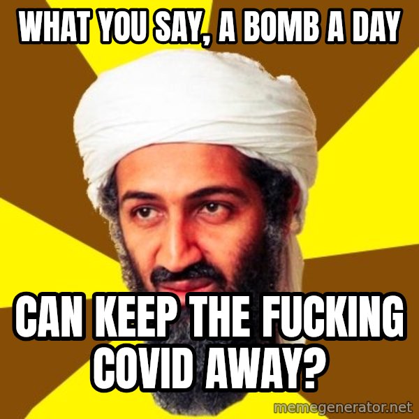 Osama meme: What you say, a bomb a day / can keep the fucking covid away?