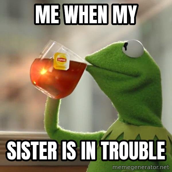 Kermit The Frog Drinking Tea meme: me when my / sister is in trouble