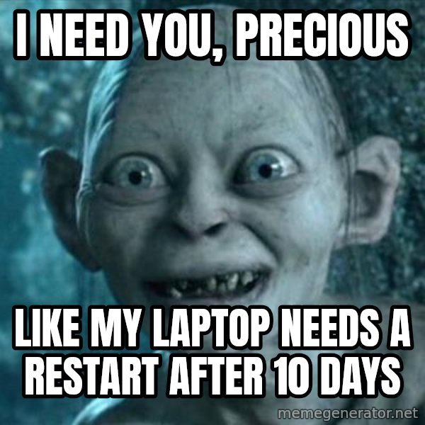 My Precious Gollum meme: I need you, precious / Like my laptop needs a restart after 10 days