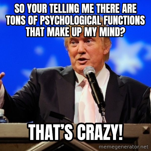 Annoying Facebook Girl meme: So your telling me there are tons of psychological functions that make up my mind? / That’s crazy!