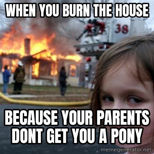 Disaster Girl meme: when you burn the house / because your parents dont get you a pony