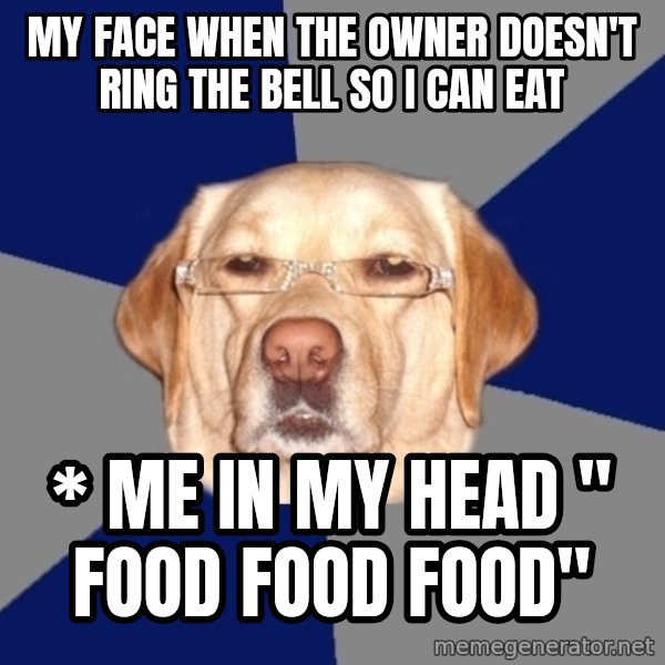 Racist Dog meme: My face when the owner doesn't ring the bell so i can eat / * Me in my head " FOOD FOOD FOOD"