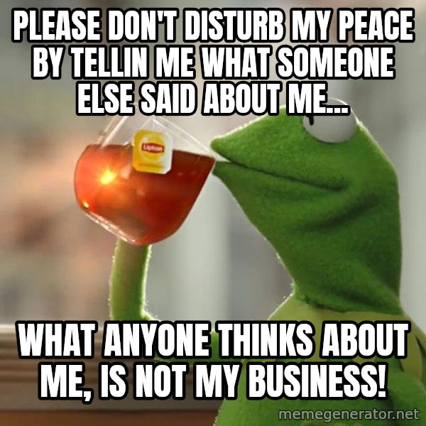 Kermit The Frog Drinking Tea meme: PLEASE DON'T DISTURB MY PEACE BY TELLIN ME WHAT SOMEONE ELSE SAID ABOUT ME... / WHAT ANYONE THINKS ABOUT ME, IS NOT MY BUSINESS!