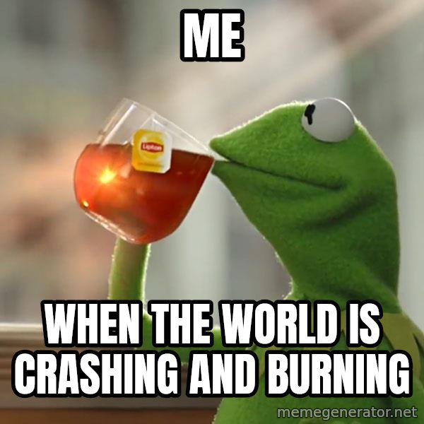 Kermit The Frog Drinking Tea meme: Me / when The world is crashing and burning