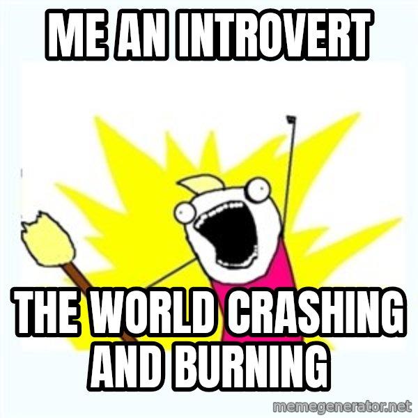 All the things meme: Me an introvert / The world crashing and burning