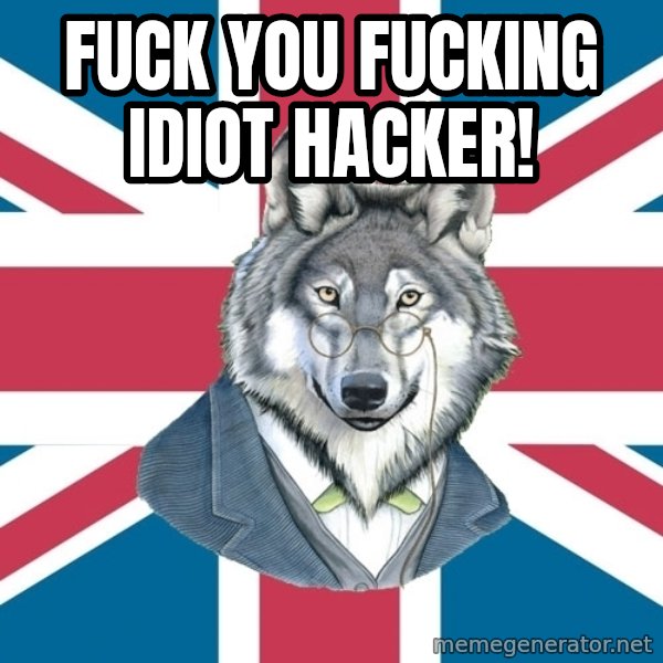 Sir Courage Wolf Esquire meme: Fuck you fucking idiot hacker!
