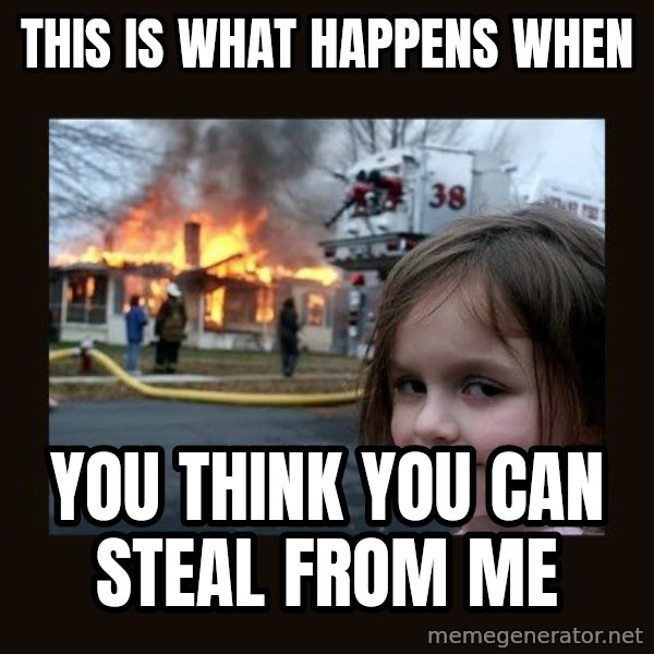 Disaster Girl meme: This is what happens when / You think you can steal from me