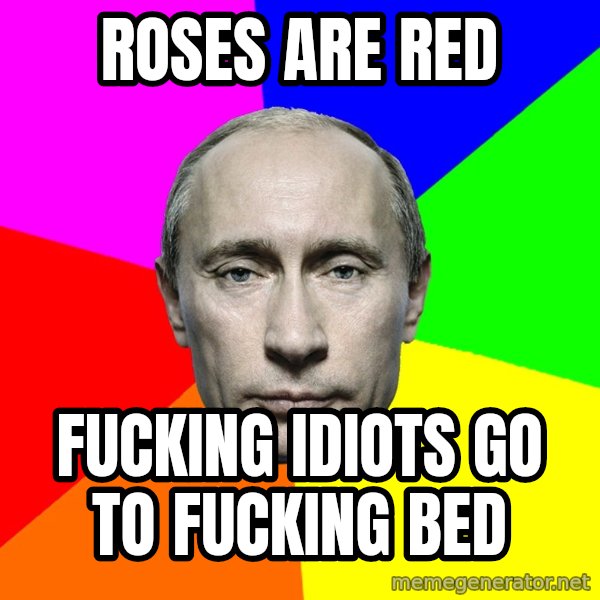 Putin Says meme: Roses are red / Fucking idiots go to fucking bed