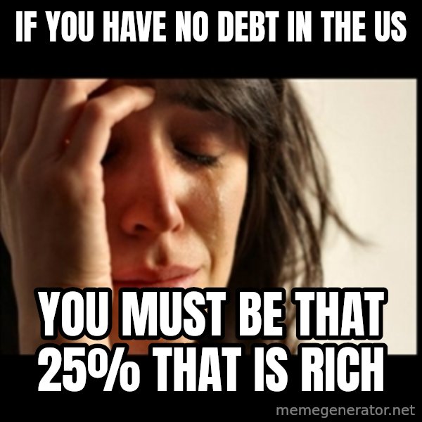 First World Problems meme: if you have no debt in the US / you must be that 25% that is rich
