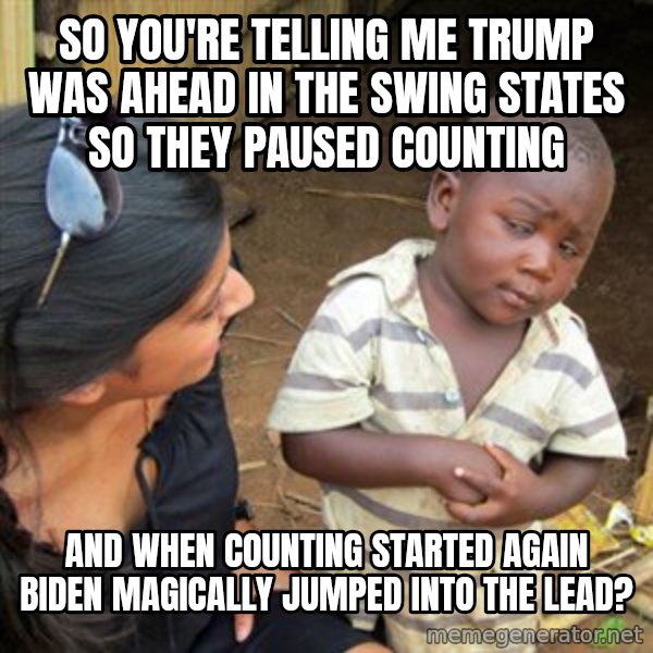 Skeptical 3rd World Kid meme: So you're telling me Trump was ahead in the swing states so they paused counting / and when counting started again Biden magically jumped into the lead?