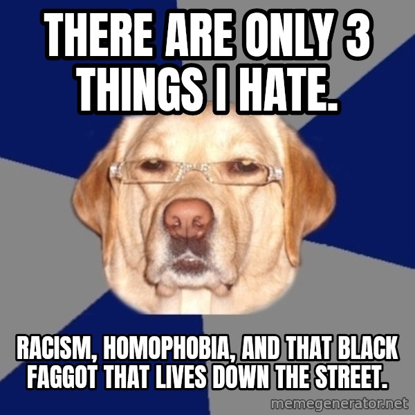 Racist Dawg meme: There are only 3 things I hate. / Racism, Homophobia, and that black faggot that lives down the street.