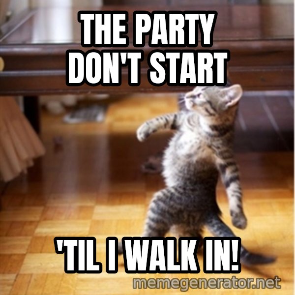 walking cat meme: the party don't start / 'til i walk in!