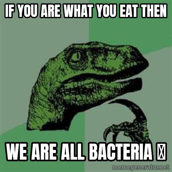 Philosoraptor meme: If you are what you eat then / We are all bacteria 🦠