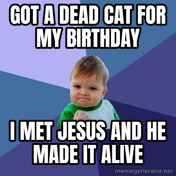 Success Kid meme: Got a dead cat for my birthday / I met Jesus and he made it alive