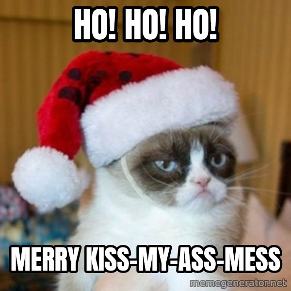 Grumpy Cat Santa Hat meme: ho! ho! ho! / merry kiss-my-ass-mess