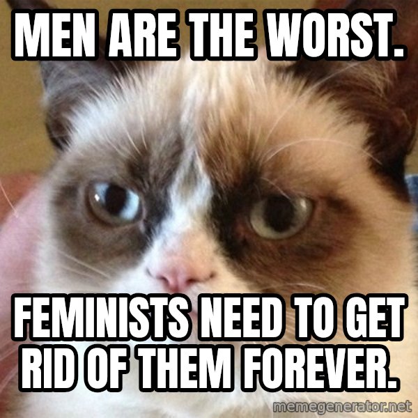 Angry Cat Meme meme: Men are the worst. / Feminists need to get rid of them forever.