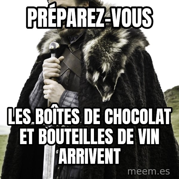 Brace Yourself Meme meme: Préparez-vous / Les boîtes de chocolat et bouteilles de vin arrivent