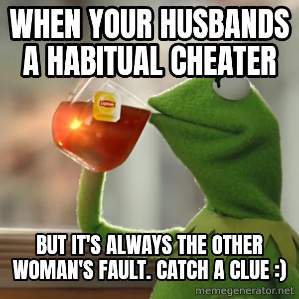 Kermit The Frog Drinking Tea meme: When your husbands a habitual cheater / but it's always the other woman's fault. catch a clue :)