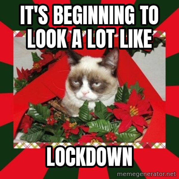 GRUMPY CAT ON CHRISTMAS meme: It's beginning to look a lot like / Lockdown
