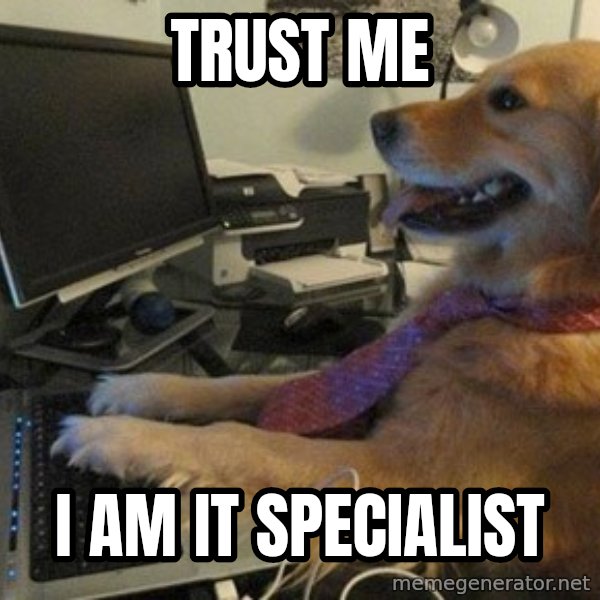 I have no idea what I'm doing - Dog with Tie meme: Trust me / I am IT specialist