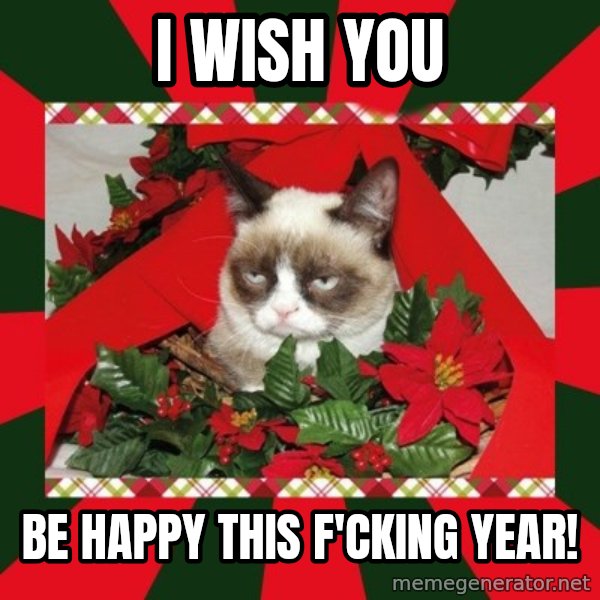 GRUMPY CAT ON CHRISTMAS meme: I wish you / Be happy this f'cking year!