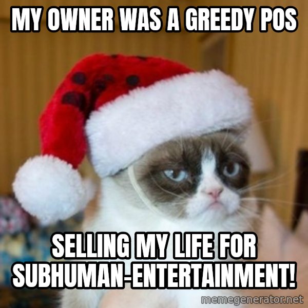 Grumpy Cat Santa Hat meme: My owner was a greedy POS / Selling my life for subhuman-entertainment!