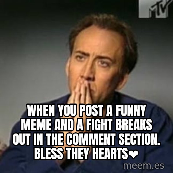Nicolas Cage Meme meme: When you post a funny meme and a fight breaks out in the comment section. Bless they hearts❤