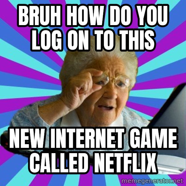 old lady meme: Bruh how do you log on to this / new internet game called netflix
