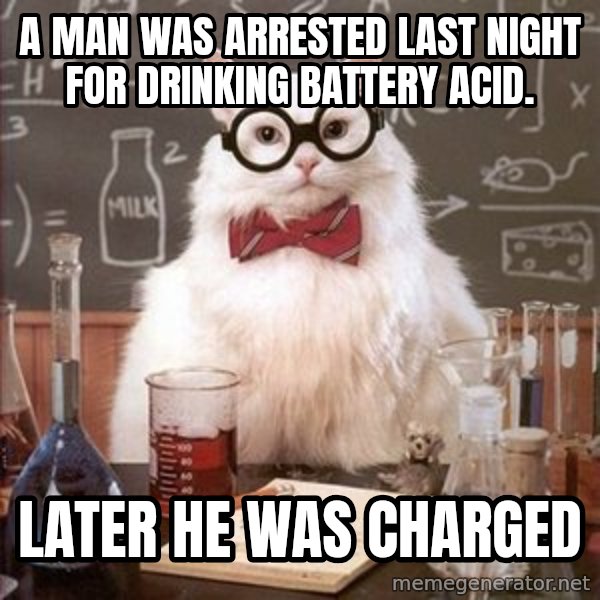 Chemistry Cat meme: A man was arrested last night for drinking battery acid. / Later he was charged