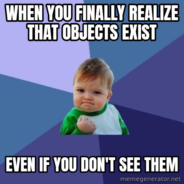 Success Kid meme: When you finally realize that objects exist / Even if you don't see them