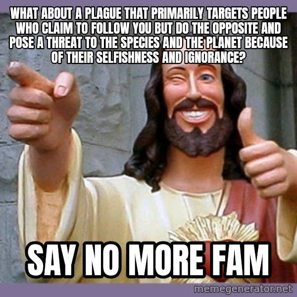 buddy jesus meme: what about a plague that primarily targets people who claim to follow you but do the opposite and pose a threat to the species and the planet because of their selfishness and ignorance? / say no more fam