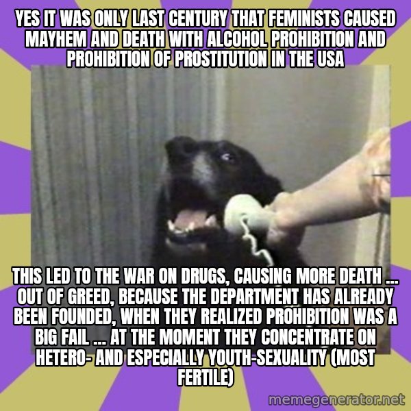 Yes, this is dog! meme: yes it was only last century that feminists caused mayhem and death with alcohol prohibition and prohibition of prostitution in the usa / this led to the war on drugs, causing more death ... out of greed, because the department has already been founded, when they realized prohibition was a big fail ... at the moment they concentrate on hetero- and especially youth-sexuality (most fertile)
