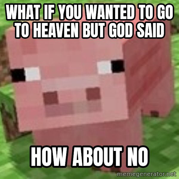 Minecraft PIG meme: What if you wanted to go to heaven but god said / how about NO