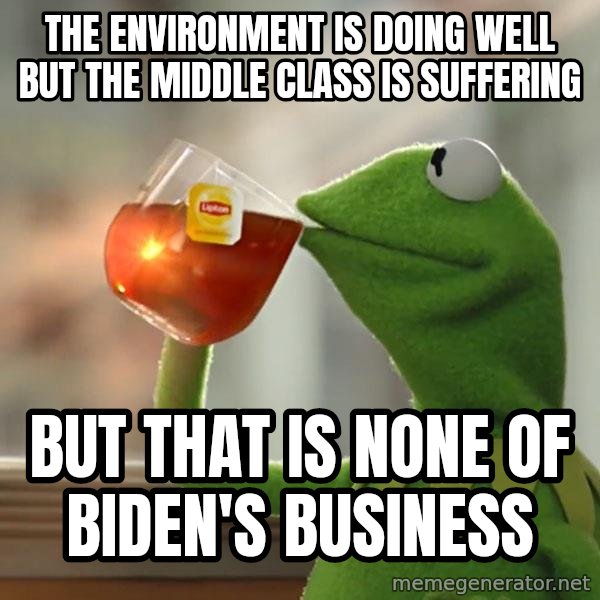 Kermit The Frog Drinking Tea meme: the environment is doing well but the middle class is suffering / but that is none of Biden's business